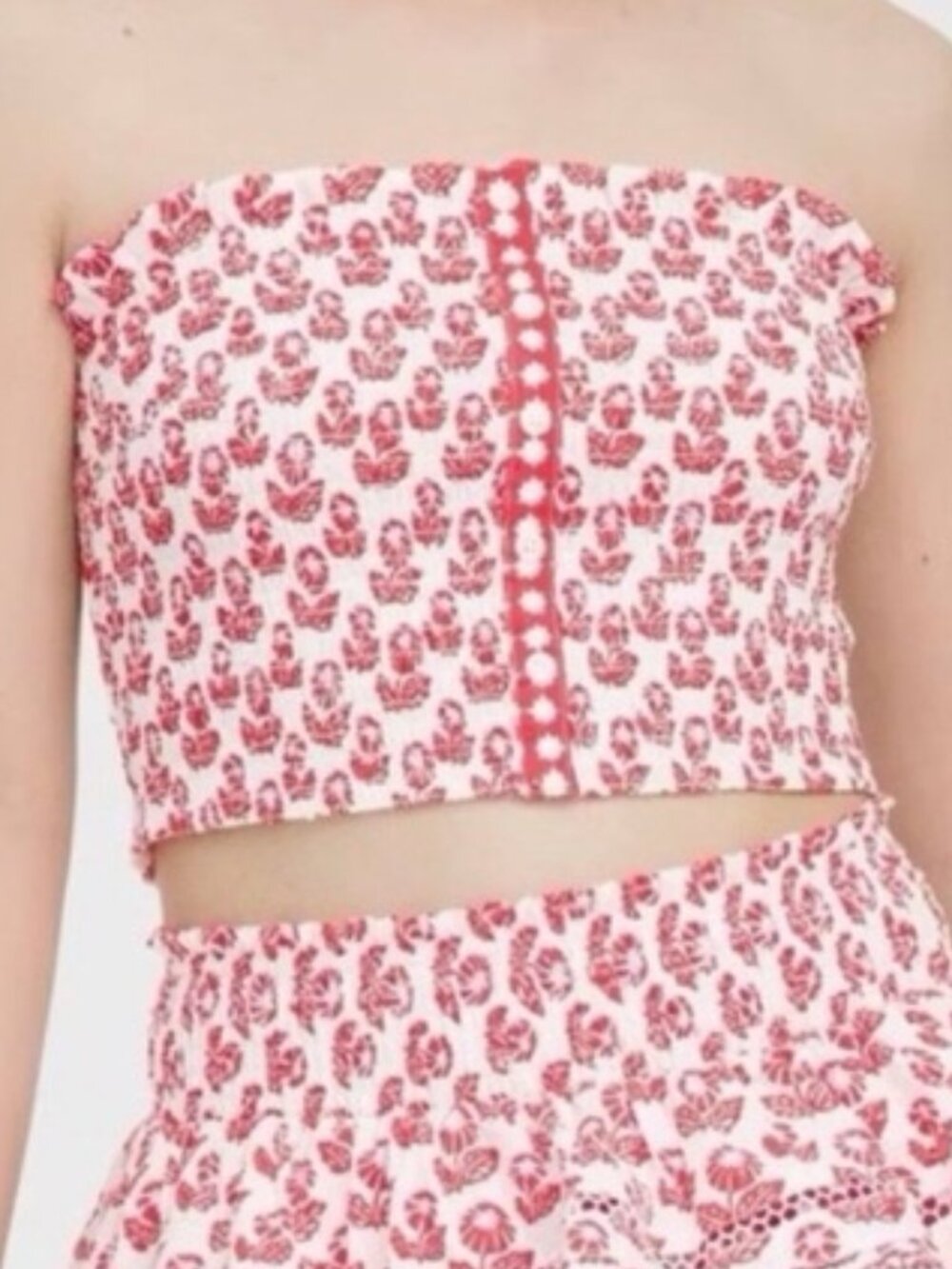 Roller Rabbit Red & White Floral Tube Cropped Tank Top
